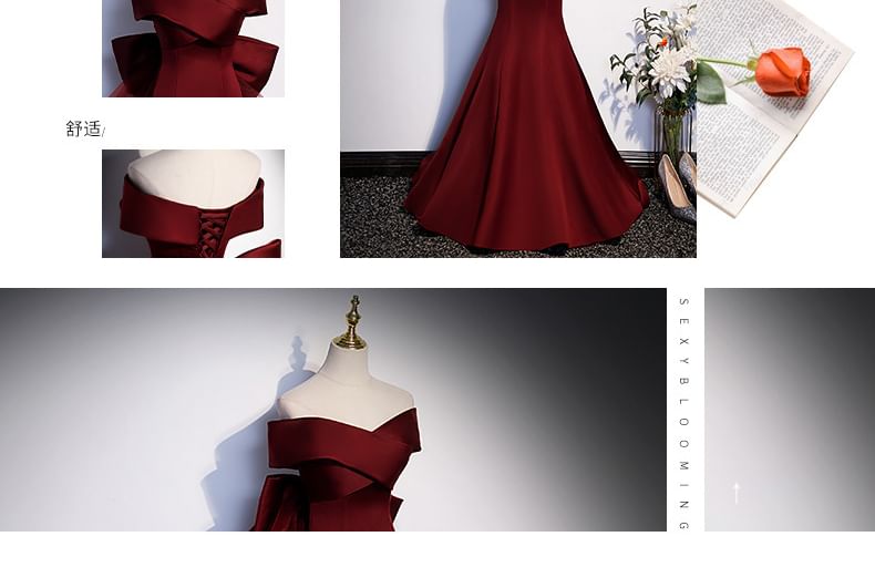 Bow Panel Plain Off-Shoulder Mermaid Mesh Gown Evening