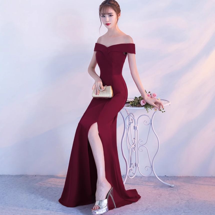 Mermaid Slit Plain Gown Evening Off-Shoulder