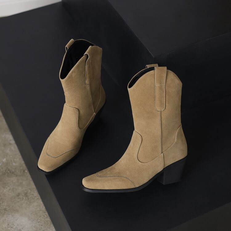 Boots Suede Heel Block Panel Toe Faux Calf Mid Square