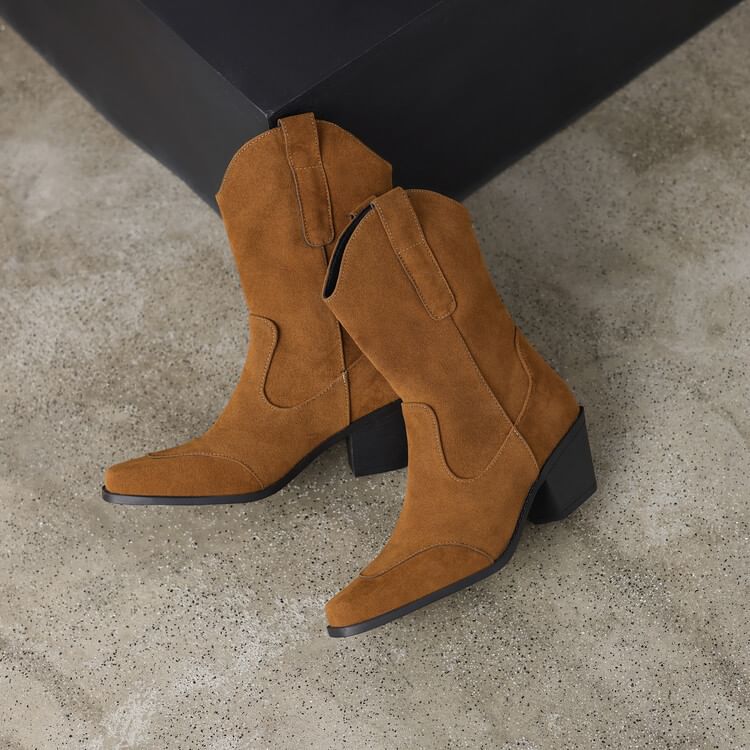 Boots Suede Heel Block Panel Toe Faux Calf Mid Square