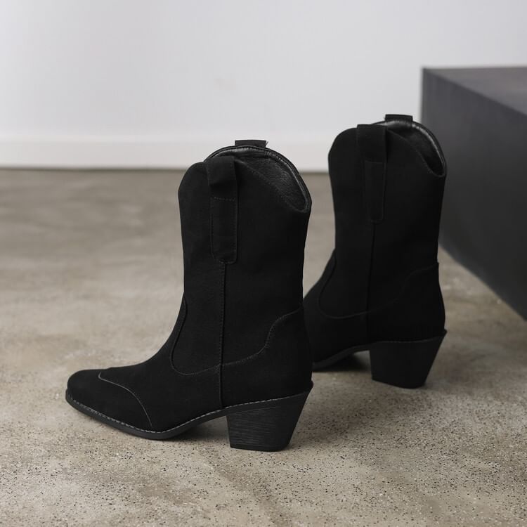 Boots Suede Heel Block Panel Toe Faux Calf Mid Square