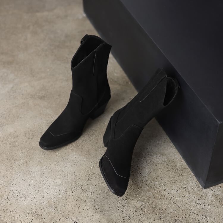 Boots Suede Heel Block Panel Toe Faux Calf Mid Square