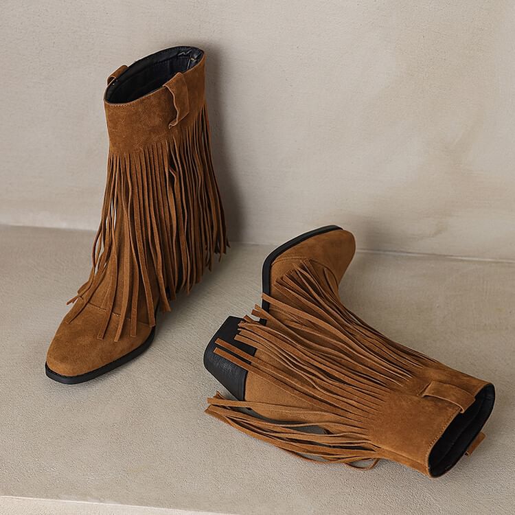 Calf Faux Square Block Heel Toe Mid Fringe Suede Boots