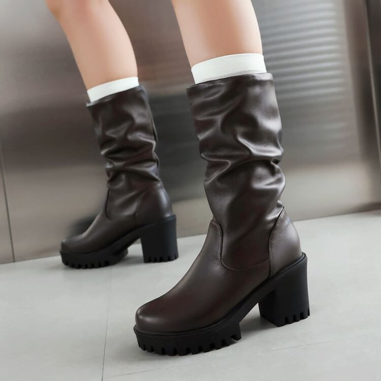 Boots Mid Heel Platform Block Calf