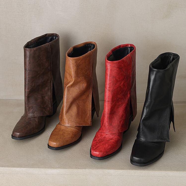 Calf Toe Boots Panel Block Square Heel Mid