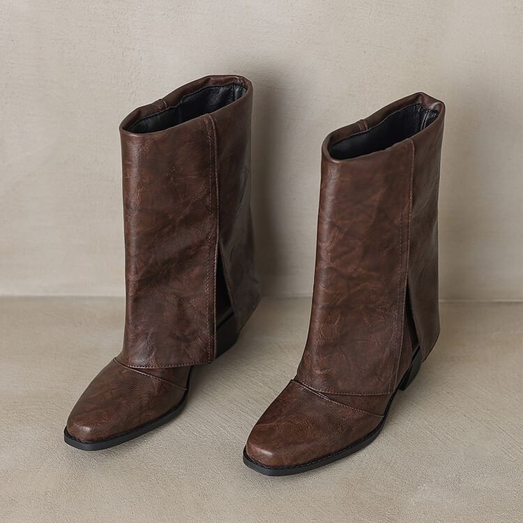 Calf Toe Boots Panel Block Square Heel Mid