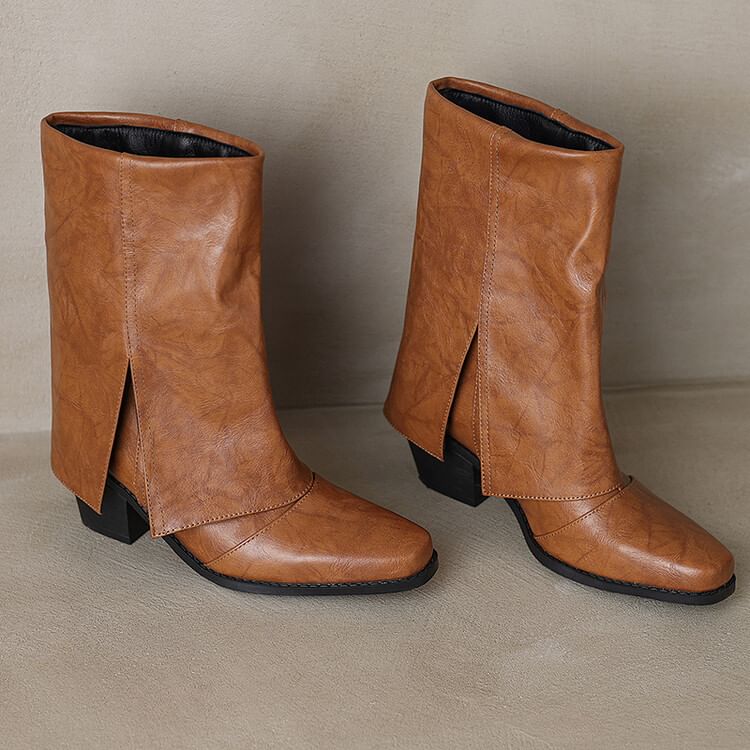 Calf Toe Boots Panel Block Square Heel Mid
