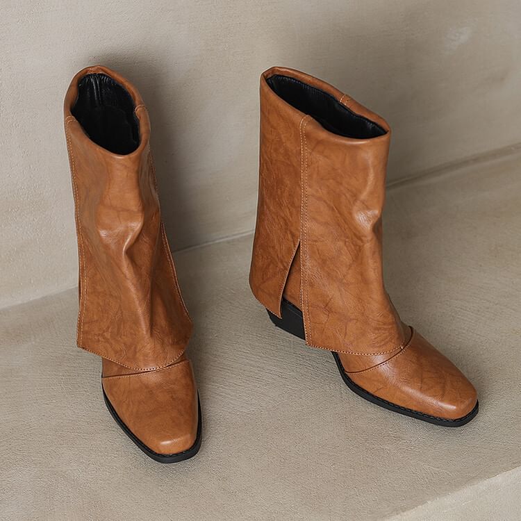 Calf Toe Boots Panel Block Square Heel Mid