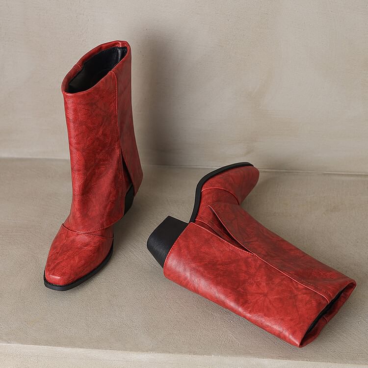 Calf Toe Boots Panel Block Square Heel Mid