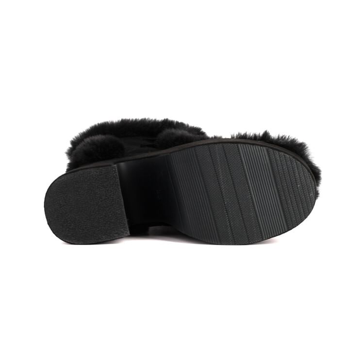 Platform Mid Calf Block Pom Fluffy Heel Panel Boots