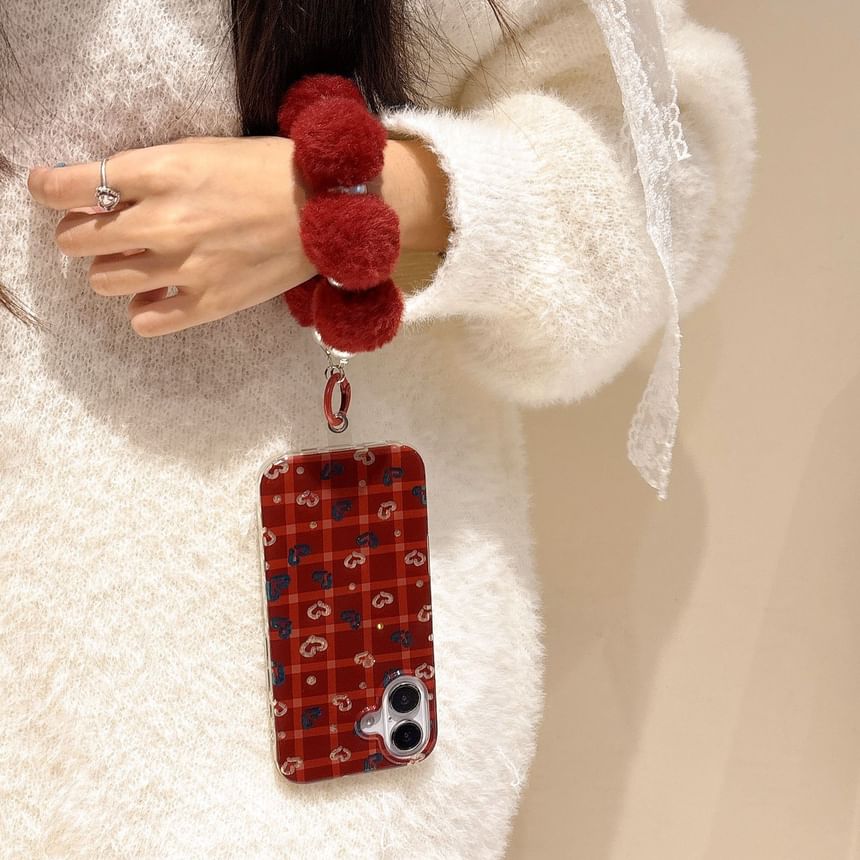 Phone Strap Plaid Set Heart / Pom Case