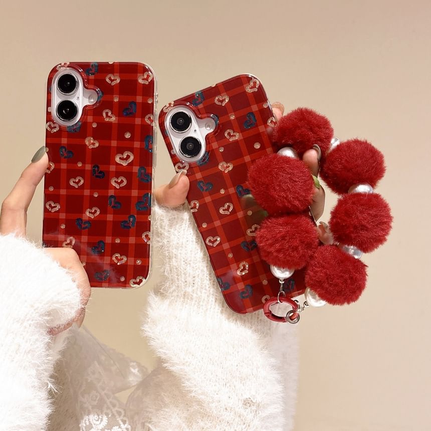 Phone Strap Plaid Set Heart / Pom Case