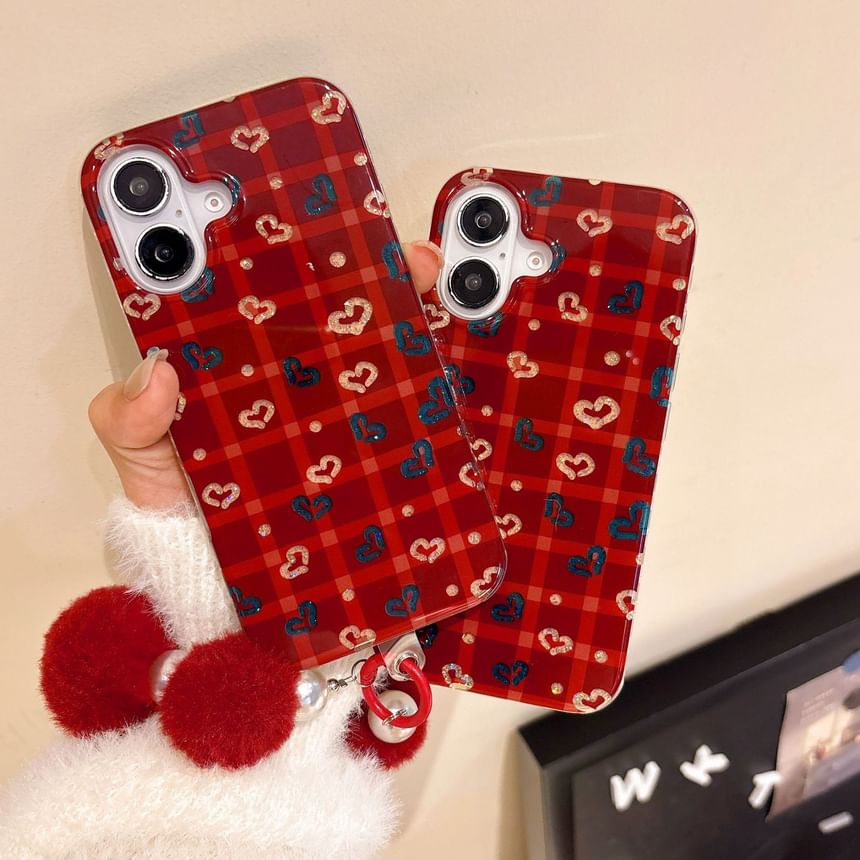 Phone Strap Plaid Set Heart / Pom Case