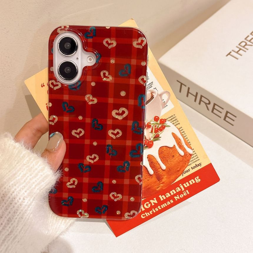 Phone Strap Plaid Set Heart / Pom Case