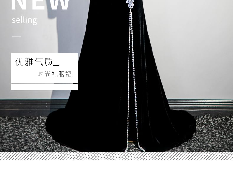 Trumpet Gown Long-Sleeve Rhinestone Evening Neck Bow Velvet Square