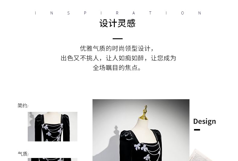 Trumpet Gown Long-Sleeve Rhinestone Evening Neck Bow Velvet Square