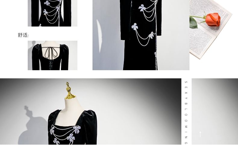 Trumpet Gown Long-Sleeve Rhinestone Evening Neck Bow Velvet Square