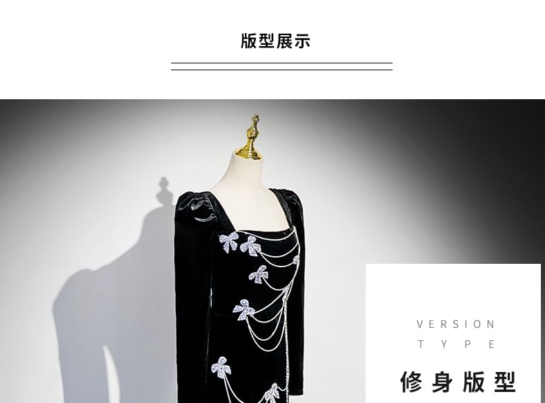 Trumpet Gown Long-Sleeve Rhinestone Evening Neck Bow Velvet Square