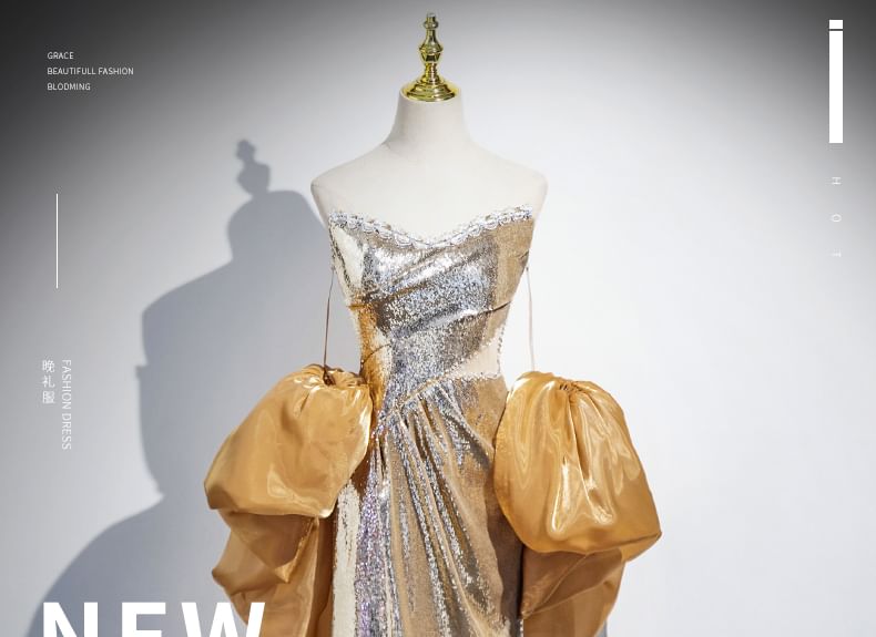 Gown Puff-Sleeve Evening Sequin Off-Shoulder Sheath