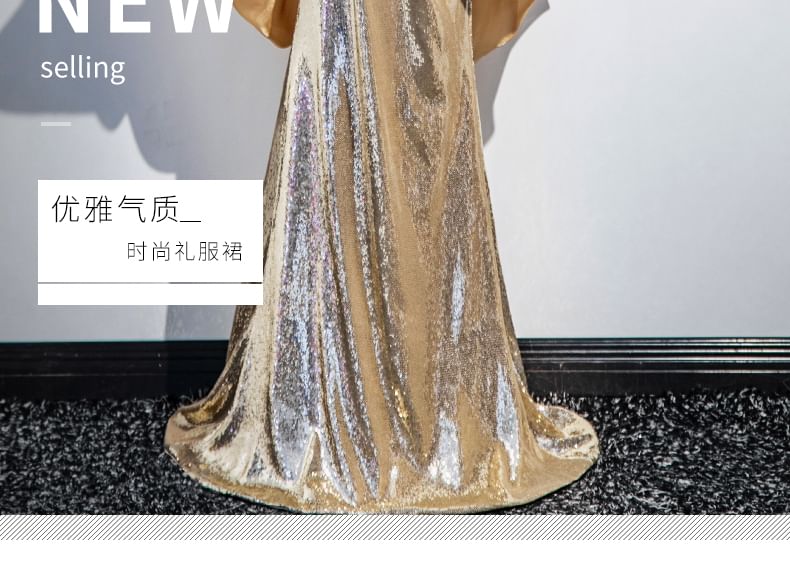 Gown Puff-Sleeve Evening Sequin Off-Shoulder Sheath