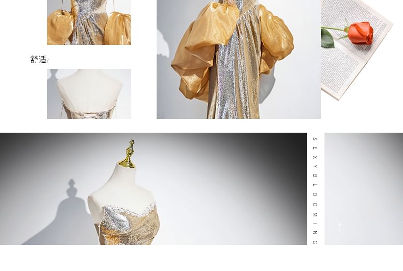 Gown Puff-Sleeve Evening Sequin Off-Shoulder Sheath