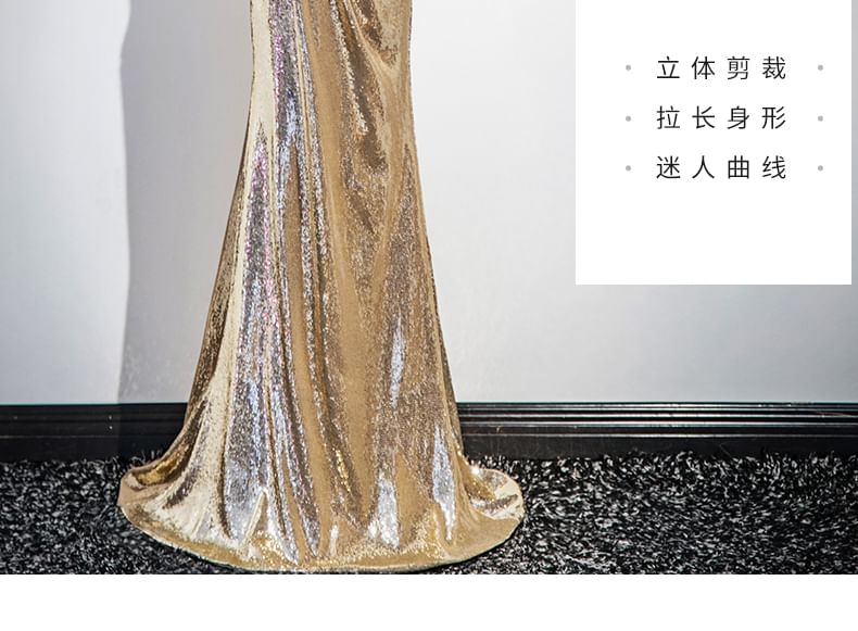 Gown Puff-Sleeve Evening Sequin Off-Shoulder Sheath