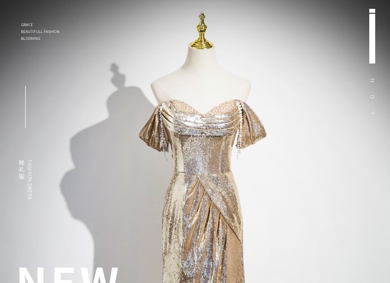 Sequin Evening Off-Shoulder Trumpet Sleeveless Gown