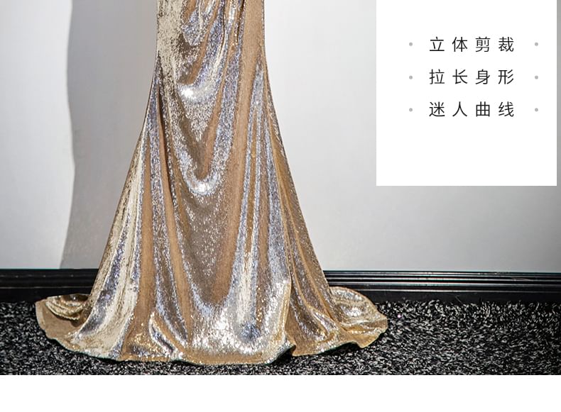 Sequin Evening Off-Shoulder Trumpet Sleeveless Gown