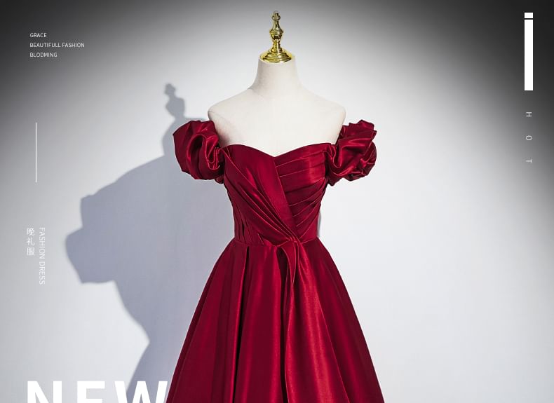 Puff-Sleeve A-Line Evening Plain Gown