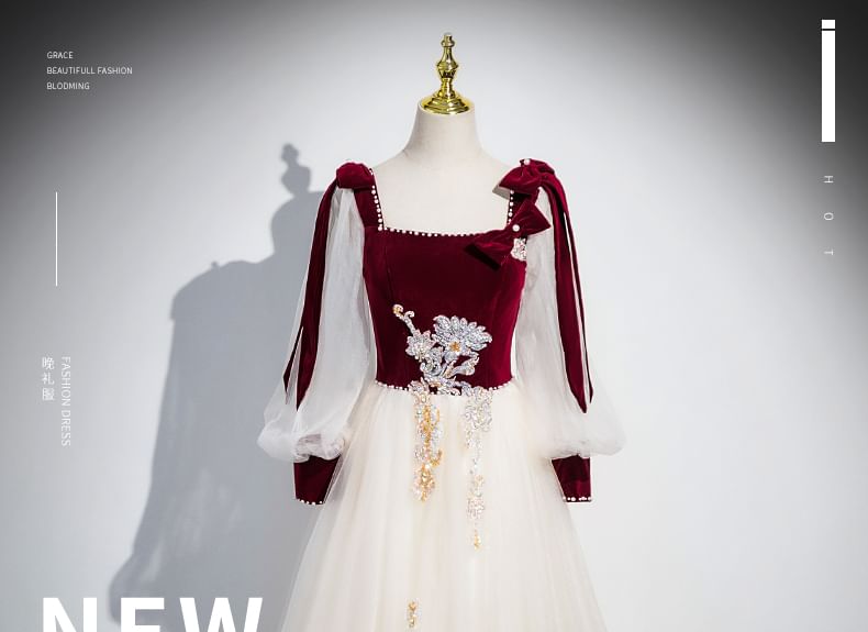 Gown Velvet Long-Sleeve Evening Tulle A-Line Floral Sequin Panel