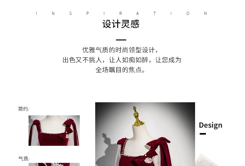 Gown Velvet Long-Sleeve Evening Tulle A-Line Floral Sequin Panel