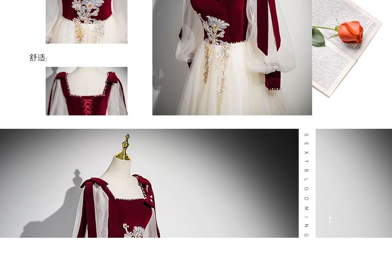 Gown Velvet Long-Sleeve Evening Tulle A-Line Floral Sequin Panel