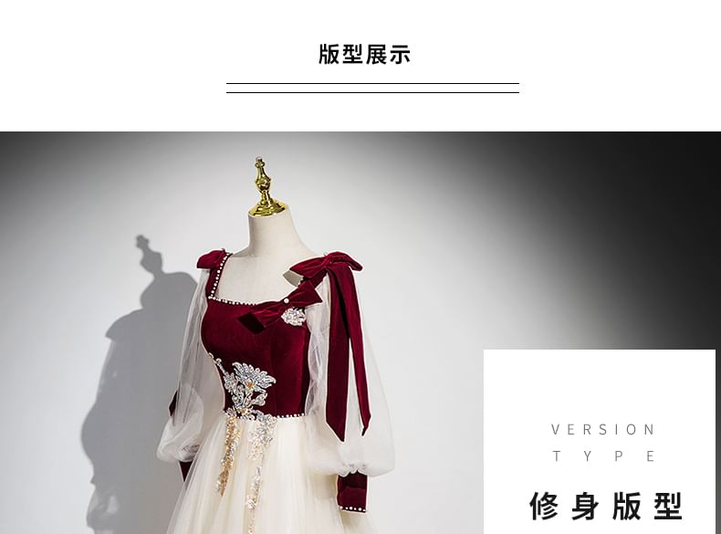 Gown Velvet Long-Sleeve Evening Tulle A-Line Floral Sequin Panel