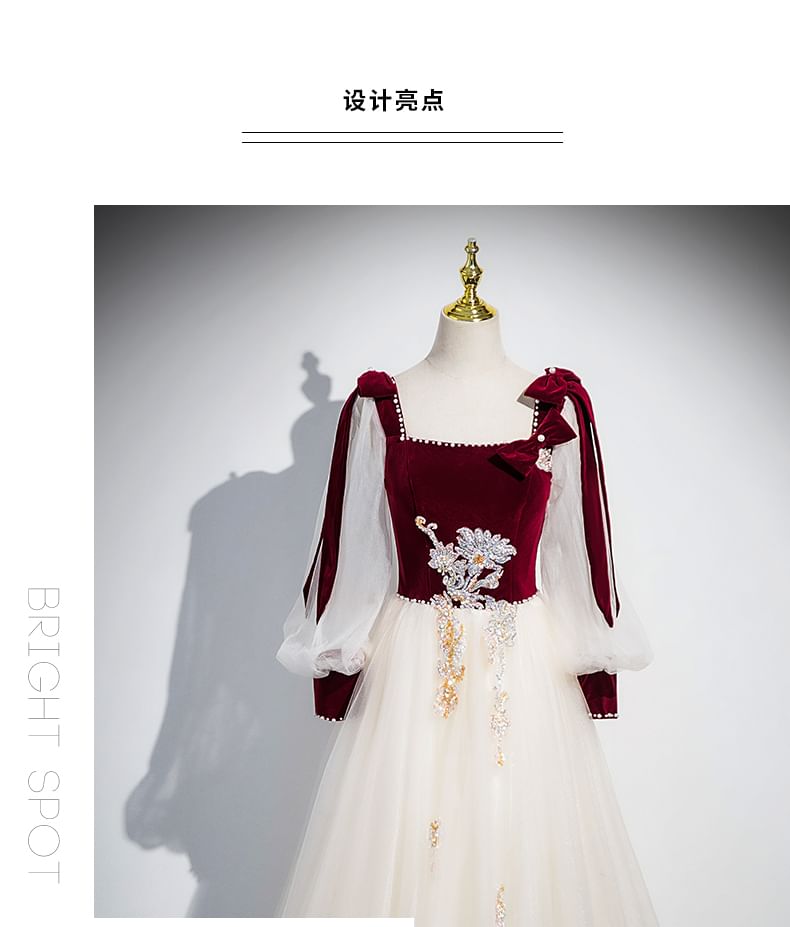 Gown Velvet Long-Sleeve Evening Tulle A-Line Floral Sequin Panel