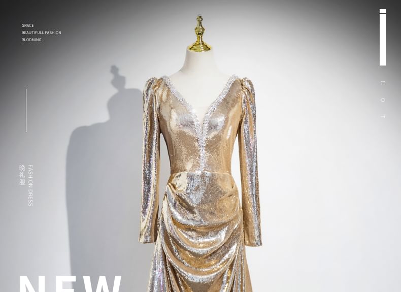 V-Neck A-Line Evening Gown Sequin Long-Sleeve
