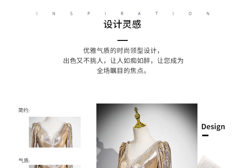 V-Neck A-Line Evening Gown Sequin Long-Sleeve