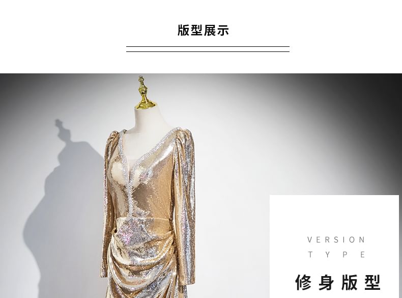 V-Neck A-Line Evening Gown Sequin Long-Sleeve