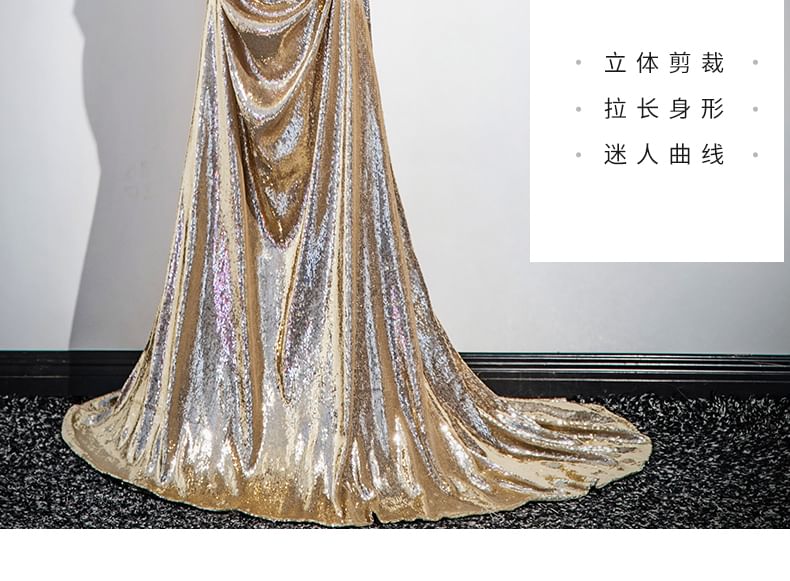 V-Neck A-Line Evening Gown Sequin Long-Sleeve