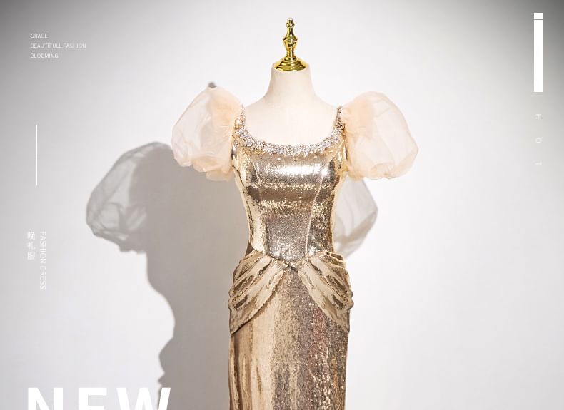 Evening Puff-Sleeve Sheath Sequin Gown