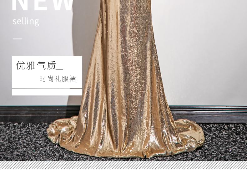 Evening Puff-Sleeve Sheath Sequin Gown