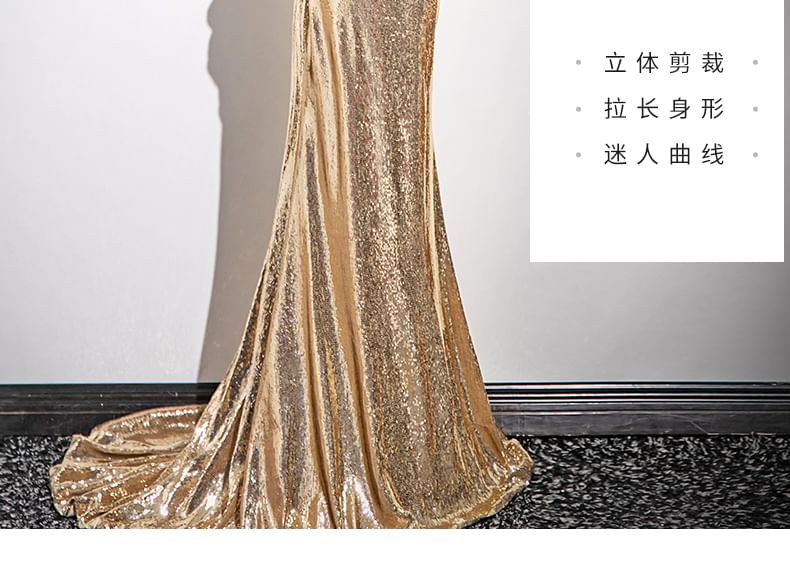 Evening Puff-Sleeve Sheath Sequin Gown