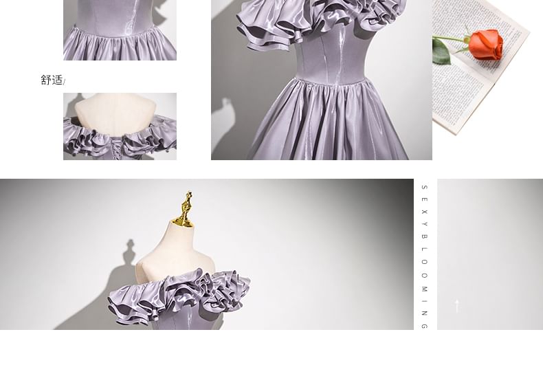 Trim Off-Shoulder Gown A-Line Ruffle Evening Plain