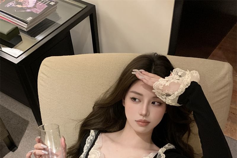 Neck Top Plain Scoop Crop Trim Long Lace Sleeve