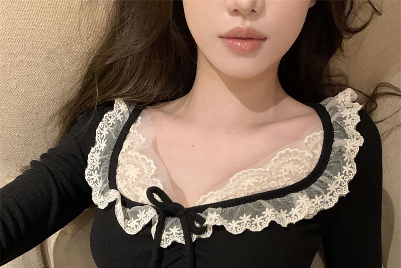 Neck Top Plain Scoop Crop Trim Long Lace Sleeve