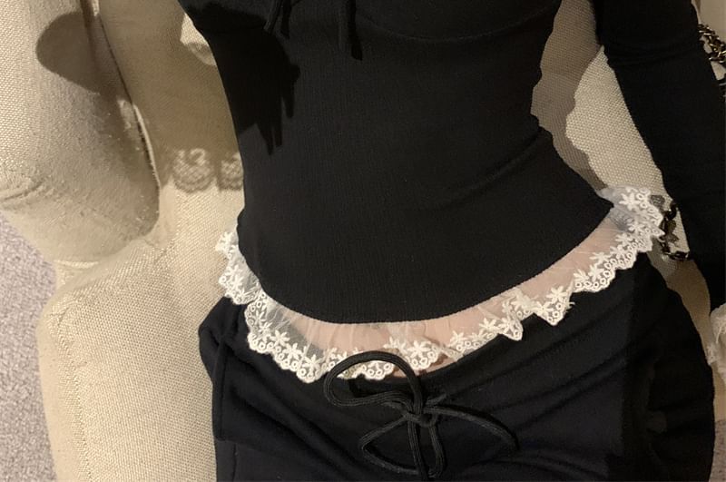 Neck Top Plain Scoop Crop Trim Long Lace Sleeve