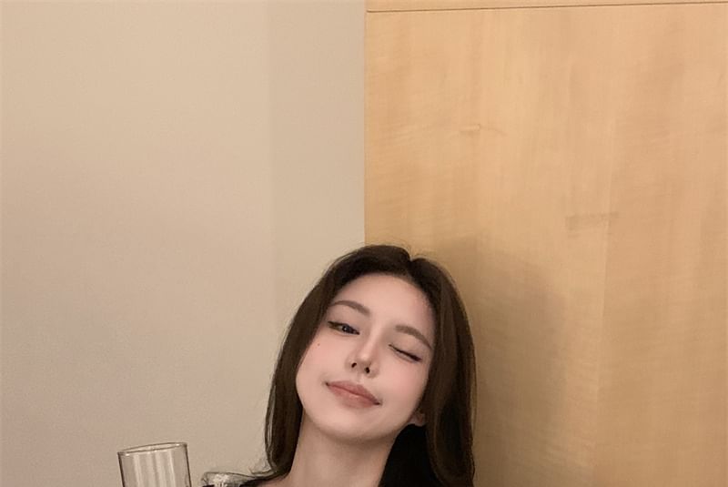 Neck Top Plain Scoop Crop Trim Long Lace Sleeve