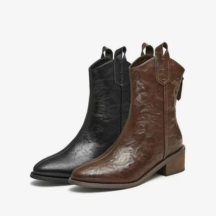 Pointed Chunky Mid-Calf Boots Heel