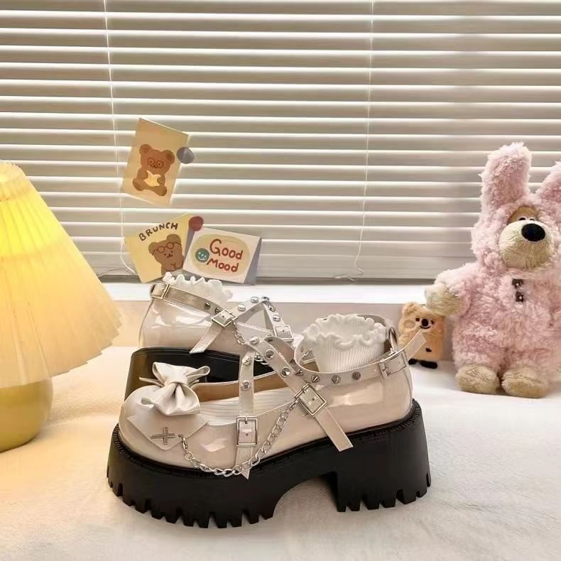 Bow Mary Jane Heel Platform Strap Studded Cross Chunky Pumps