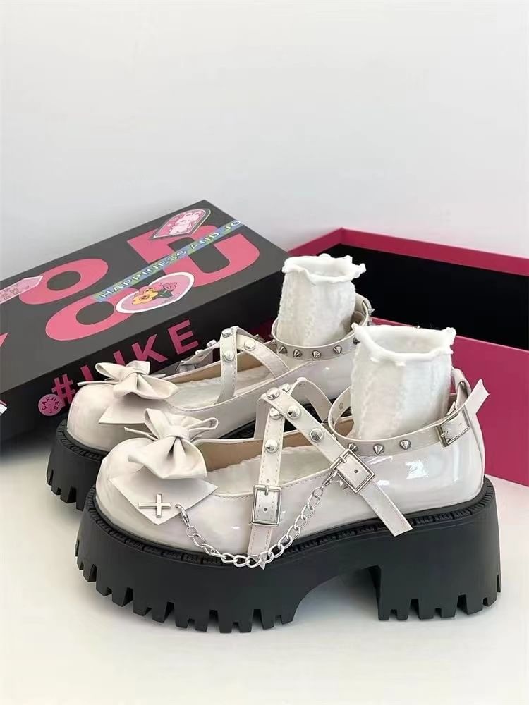 Bow Mary Jane Heel Platform Strap Studded Cross Chunky Pumps