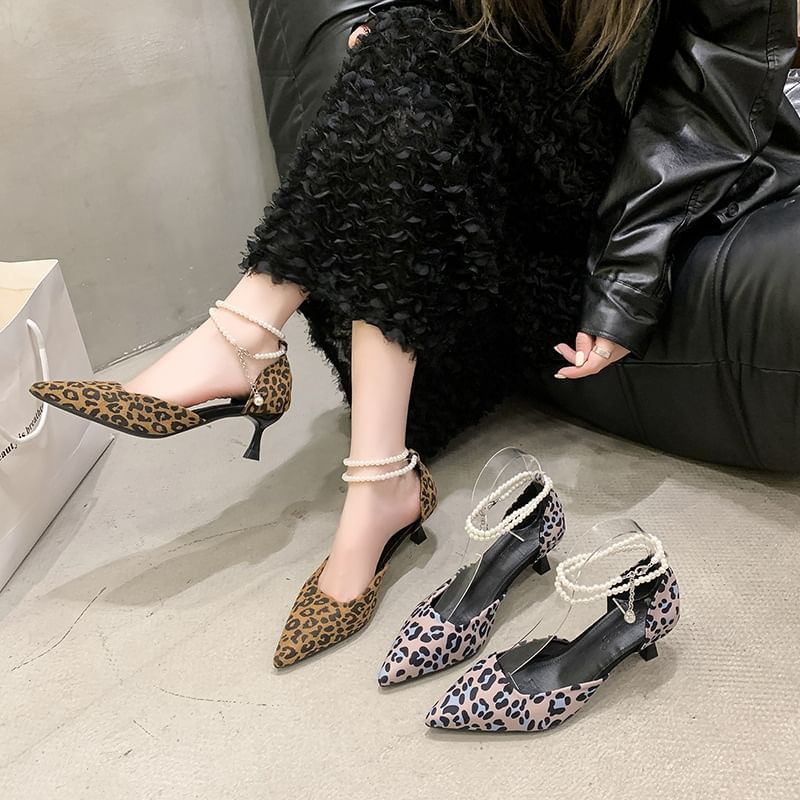 Kitten Sandals Strap Heel Print Leopard Ankle Pointed